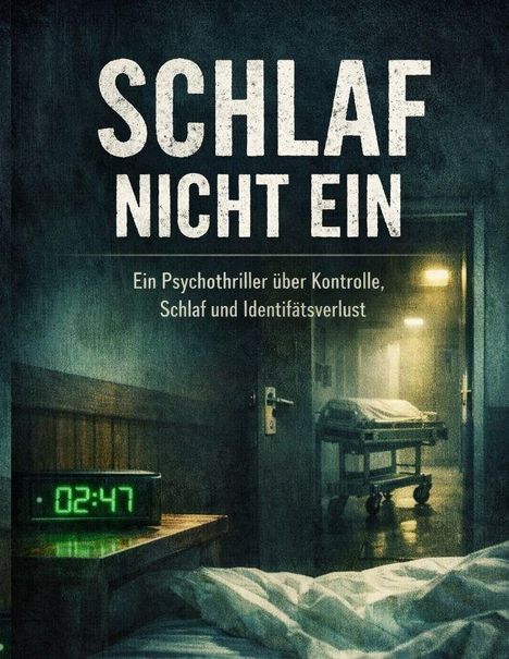 Text: "SCHLAF NICHT EIN. Ein Psychothriller über Kontrolle, Schlaf und Identitätsverlust." Wecker zeigt 02:47. Bett, Krankenhausbett im Raum.