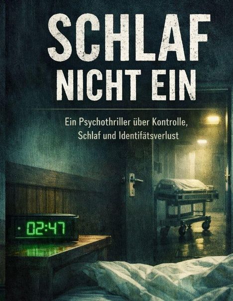 „Schlaf nicht ein“ steht in großen Buchstaben. Darunter: Ein Psychothriller über Kontrolle, Schlaf und Identitätsverlust. Ein Bett mit Wecker zeigt 02:47.