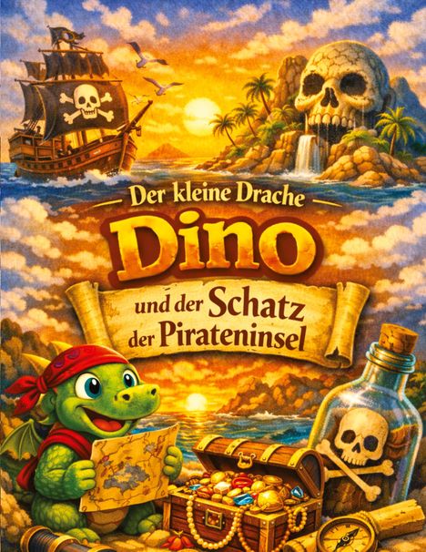 „Der kleine Drache Dino und der Schatz der Pirateninsel“. Ein Drache mit Karte, Schatztruhe, Schiff und Insel mit Totenkopf.