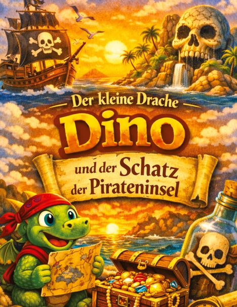 „Der kleine Drache Dino und der Schatz der Pirateninsel“. Illustration: Ein Drache mit Karte, Piratenschiff, Schatztruhe.