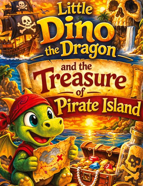 „Little Dino the Dragon and the Treasure of Pirate Island“. Illustration: Dino mit Karte, Piratenschiff, Schatzkiste, Sonnenuntergang.