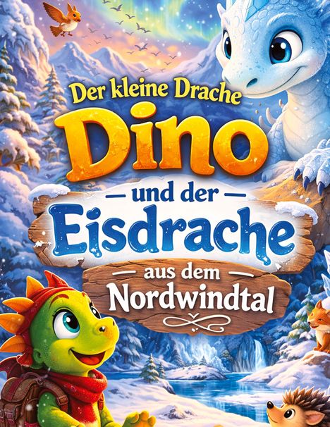Text: "Der kleine Drache Dino und der Eisdrache aus dem Nordwindtal." Illustration: Ein grüner und blauer Drache im Schnee.