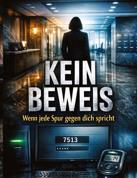 "KEIN BEWEIS" steht über einem Gang. Text: "Wenn jede Spur gegen dich spricht". Zahl "7513" auf Bildschirm.