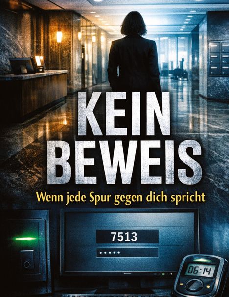 "KEIN BEWEIS" in großen Buchstaben, darunter "Wenn jede Spur gegen dich spricht". Eine Person im Anzug in einem Flur.
