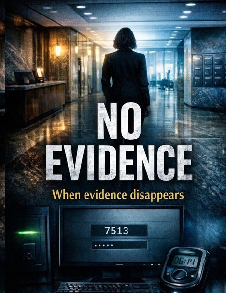 Text: "NO EVIDENCE. When evidence disappears." 
Visual: Eine Person im Anzug geht durch einen langen, beleuchteten Flur.