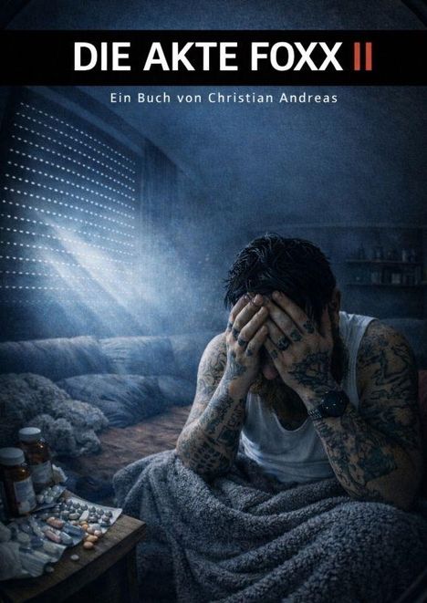 "Die Akte Foxx II" oben. Ein tätowierter Mann hält den Kopf in den Händen, umgeben von Tabletten und Medikamenten.