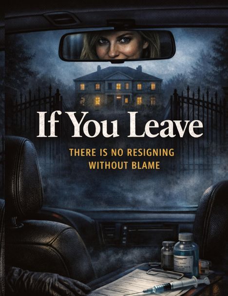 "If You Leave. There is no resigning without blame." Illustration: ein Auto-Innenraum mit düsterem Anwesen und Frau im Spiegel.