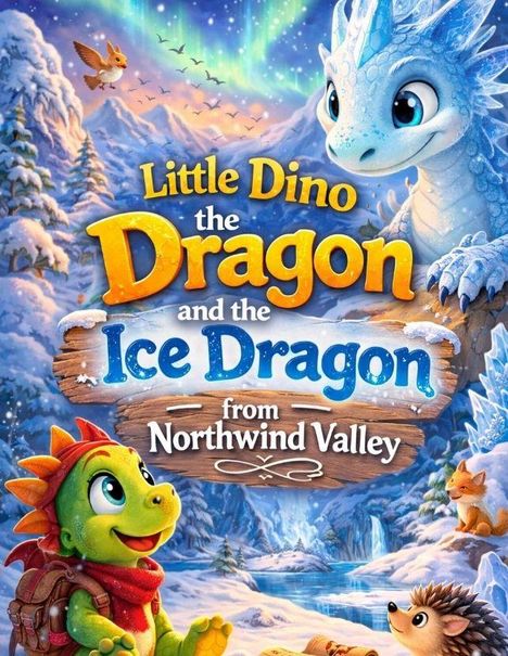 Text: "Little Dino the Dragon and the Ice Dragon from Northwind Valley." Illustration mit Drachen und Winterlandschaft.