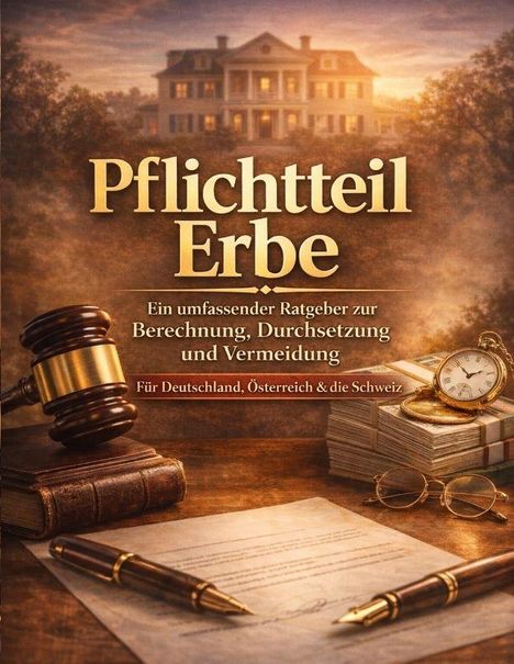 „Pflichtteil Erbe: Ein umfassender Ratgeber zur Berechnung, Durchsetzung und Vermeidung.“ Bild: Haus, Uhr, Hammer, Bücher.