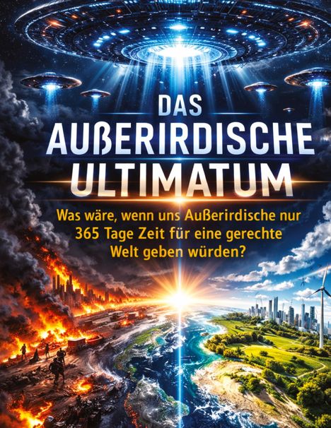 Text: "DAS AUSSERIRDISCHE ULTIMATUM. Was wäre, wenn uns Außerirdische nur 365 Tage Zeit für eine gerechte Welt geben würden?" Darunter eine kontrastreiche Landschaft mit Feuer auf der linken Seite und einer grünen Stadt auf der rechten. Oben sind UFOs am Himmel.