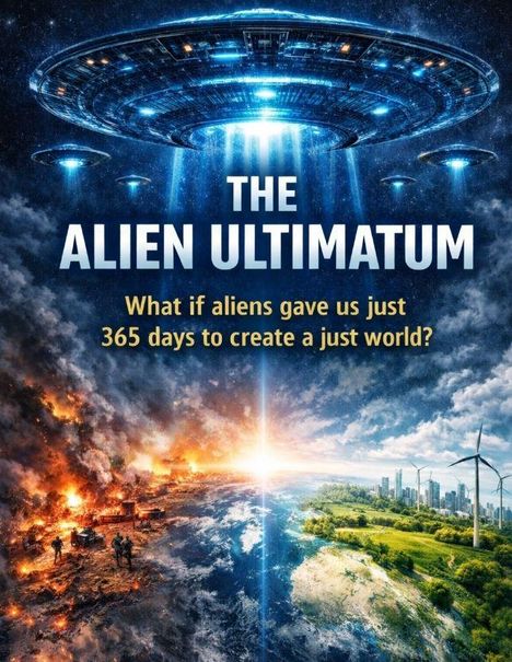 Titel: THE ALIEN ULTIMATUM. Frage: Was wäre, wenn Aliens uns nur 365 Tage gäben, um eine gerechte Welt zu schaffen? 
Oben: UFO, unten Zweiteilung Erde.