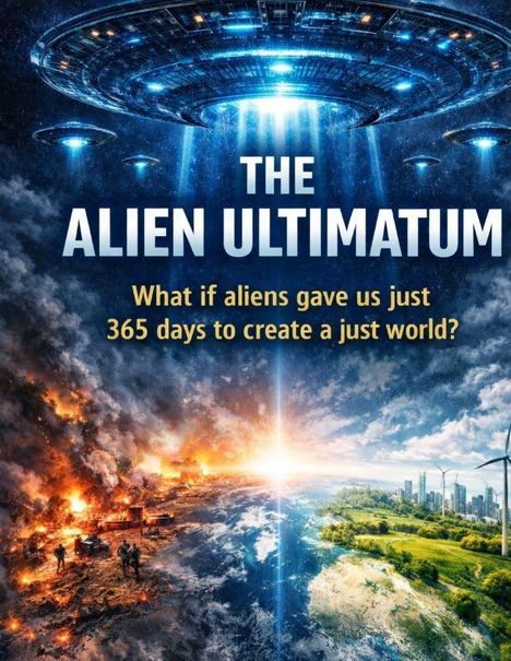 Oben fliegende UFOs; Text: „THE ALIEN ULTIMATUM. What if aliens gave us just 365 days to create a just world?“ Darunter brennende Landschaft.