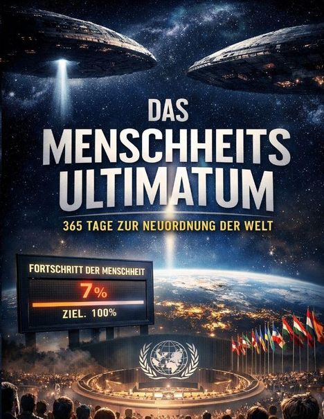 Text: "Das Menschheitsultimatum", "365 Tage zur Neuordnung der Welt", "Fortschritt der Menschheit 7% Ziel: 100%". UFOs über der Erde, Versammlung unten.