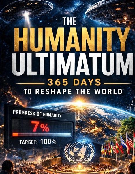 "The Humanity Ultimatum" in Gold. "365 Days to Reshape the World." Fortschritt: 7%. Ziel: 100%. Unten Flaggen und ein Globus-Logo.