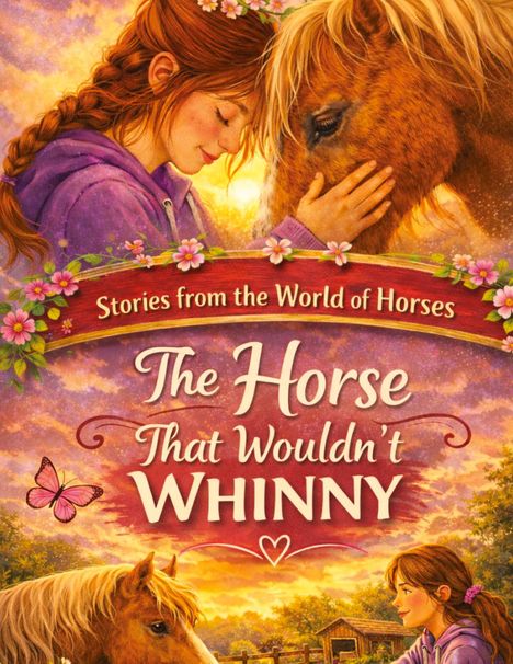 "Stories from the World of Horses", "The Horse That Wouldn't Whinny". Illustration: Mädchen streichelt ein Pferd, Schmetterling.