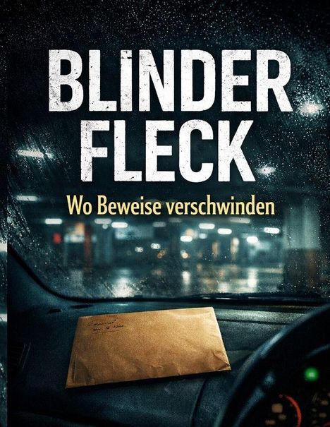 „Blinder Fleck. Wo Beweise verschwinden.“ Brauner Umschlag auf einem Autoarmaturenbrett, regnerische Straße.