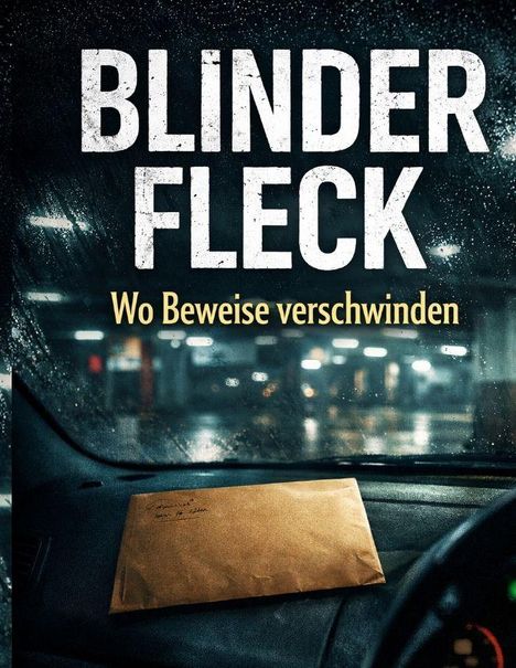 „BLINDER FLECK: Wo Beweise verschwinden“, Briefumschlag auf einem regennassen Autositz in einem Parkhaus.