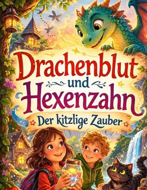 "Drachenblut und Hexenzahn: Der kitzlige Zauber". Eine Illustration mit fröhlichen Kindern, einem Drachen und einer Katze.