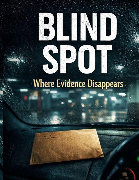Text: "BLIND SPOT" und "Where Evidence Disappears". Im Vordergrund ist ein Umschlag auf einem regennassen Autofenster.