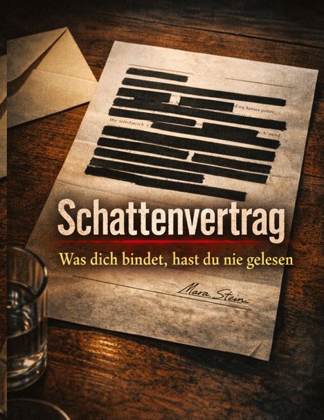 "Schattenvertrag. Was dich bindet, hast du nie gelesen. Mara Stein." Verdeckter Text auf Papier, Umschlag, Glas Wasser.