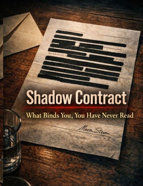 „Shadow Contract“ und „What Binds You, You Have Never Read“ auf einem Tischdokument mit geschwärzten Texten.