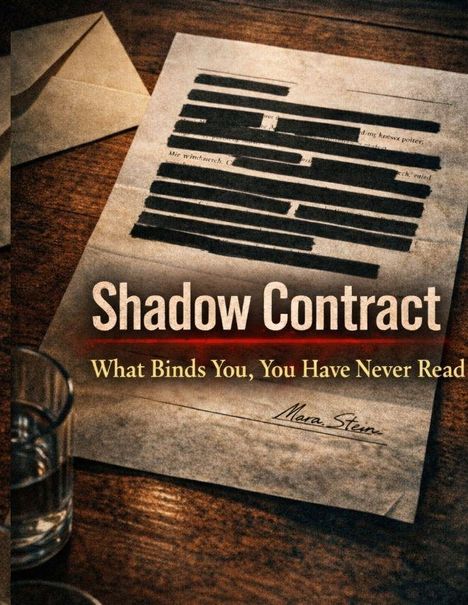 „Shadow Contract: What Binds You, You Have Never Read“ steht auf einem geheimnisvollen Dokument mit geschwärztem Text.