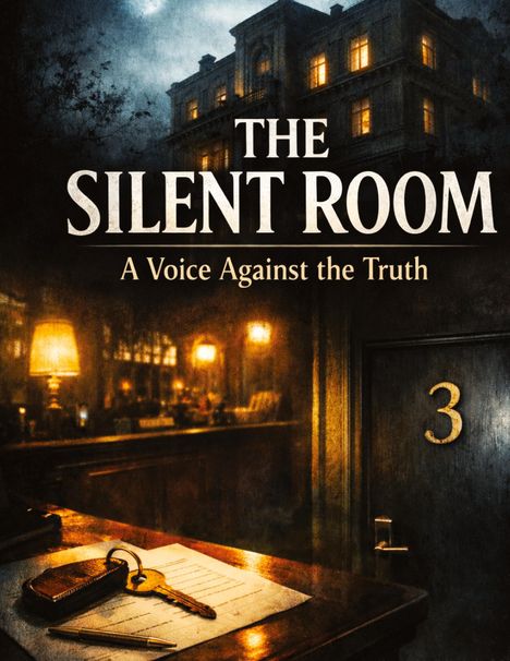 "The Silent Room: A Voice Against the Truth" in großen Lettern. Ein altes Gebäude, Hoteltresen, Schlüssel und Tür mit Nummer 3.