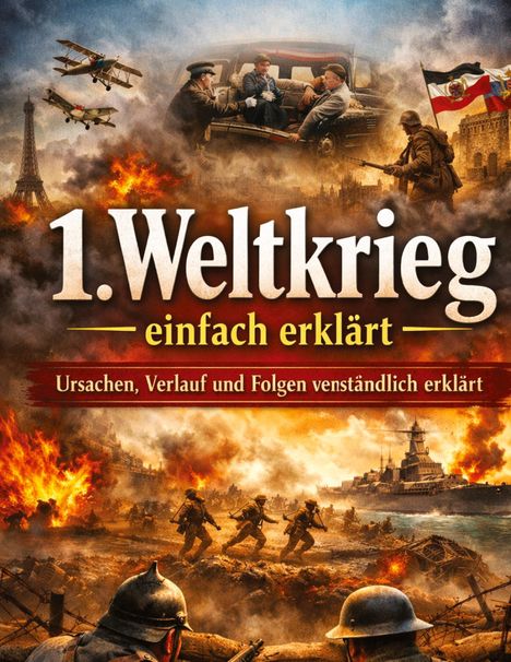 "1. Weltkrieg einfach erklärt. Ursachen, Verlauf und Folgen verständlich erklärt." Szenen aus dem Krieg, Soldaten und Flugzeuge.