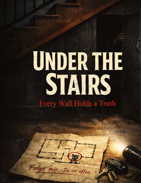 "UNDER THE STAIRS" und "Every Wall Holds a Truth", darunter ein Plan mit "Folge mir. Sie ist offen." vor einer Treppe.