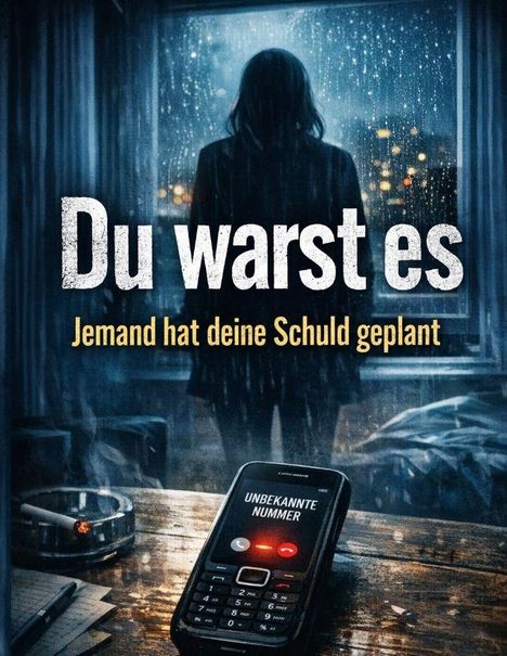 "Du warst es. Jemand hat deine Schuld geplant." Ein Handy zeigt "Unbekannte Nummer" an, Regen am Fenster im Hintergrund.