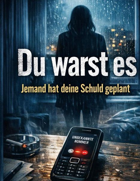 „Du warst es. Jemand hat deine Schuld geplant.“ Ein Handy zeigt „Unbekannte Nummer“. Eine Person steht am Fenster.