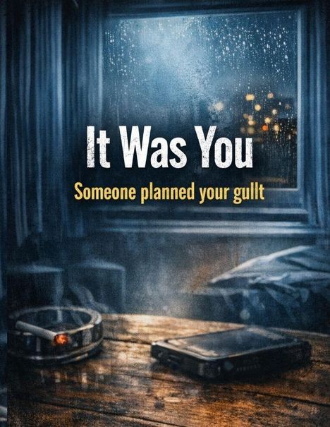Der Text: "It Was You. Someone planned your guilt." Eine Zigarette brennt im Aschenbecher, daneben liegt ein altes Telefon.