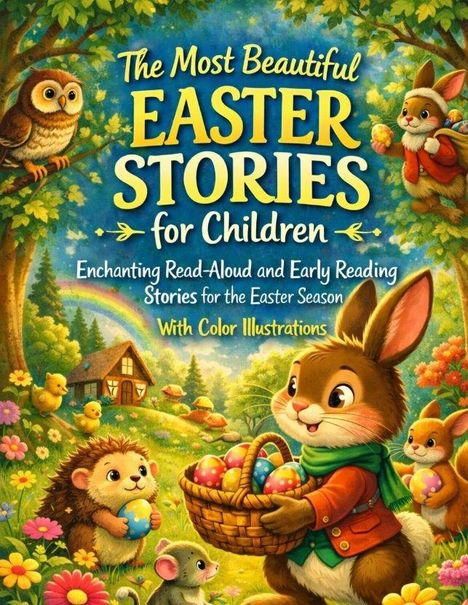 „The Most Beautiful Easter Stories for Children“ steht in großen Buchstaben. Darunter fröhliche Tiere in einer bunten Waldszene.