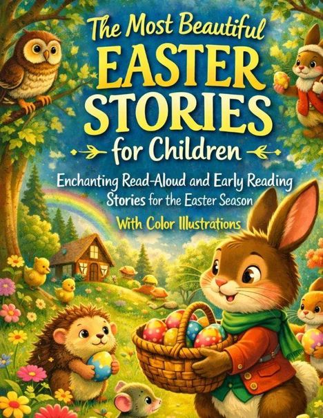 "The Most Beautiful Easter Stories for Children" steht oben. Darunter sind ein Hase mit Korb und ein Igel in einer Waldszene.