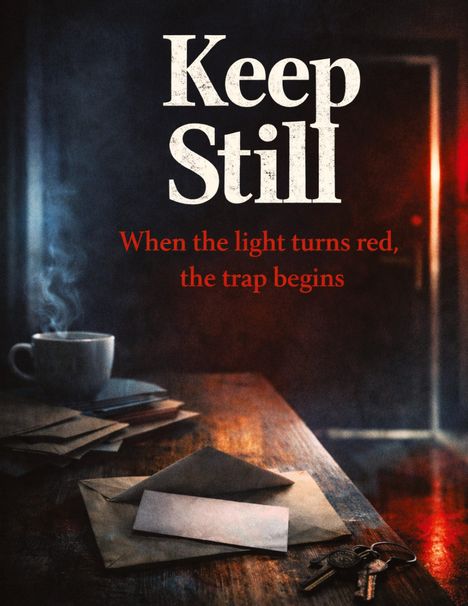 Text: "Keep Still. When the light turns red, the trap begins." Auf einem Tisch liegen Briefe, ein Schlüsselbund und eine dampfende Tasse.