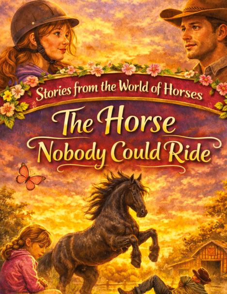 Der Text lautet: „Stories from the World of Horses: The Horse Nobody Could Ride“. Illustration mit Mädchen, Mann und Pferd.