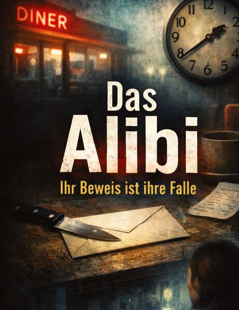 Texte: „Das Alibi“, „Ihr Beweis ist ihre Falle.“ Ein Diner im Hintergrund, Uhr zeigt 8:20, Messer auf Briefumschlag.
