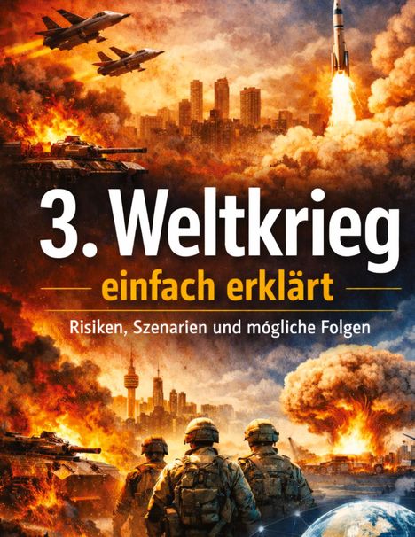 „3. Weltkrieg einfach erklärt: Risiken, Szenarien und mögliche Folgen“. Illustration mit Soldaten und Explosionen.