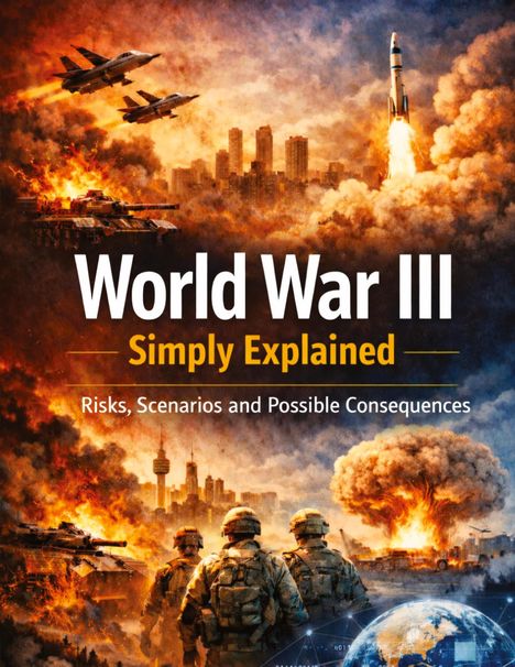 Text: World War III Simply Explained. Risks, Scenarios and Possible Consequences. Kriegszene, Explosionen, Soldaten, Fahrzeuge.