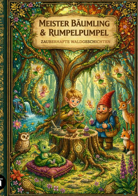 „MEISTER BÄUMLING & RUMPELPUMPEL: ZAUBERHAFTE WALDGESCHICHTEN“ steht über einem Wald voller Märchenwesen.