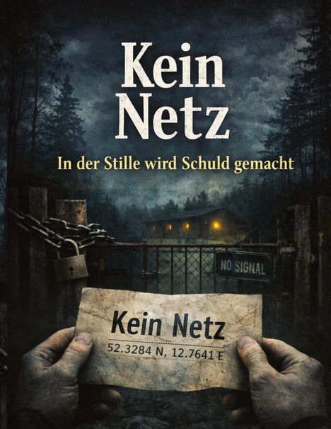 „Kein Netz. In der Stille wird Schuld gemacht.“ Hände halten eine Notiz mit Koordinaten vor einem verschlossenen Tor.