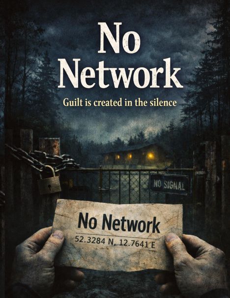 „No Network. Guilt is created in the silence.” Ein nächtliches Setting mit einer Textkarte, Wald und Kette samt Vorhängeschloss.