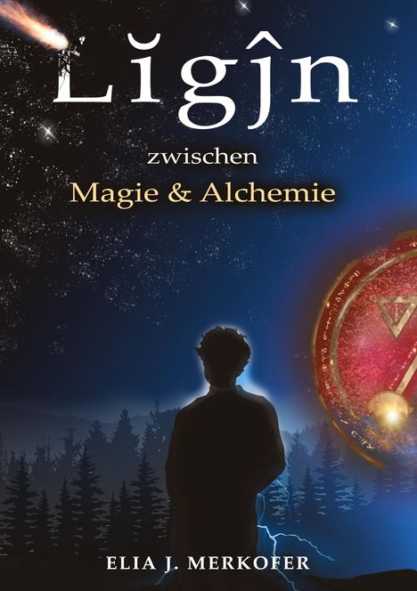 „Ligîn zwischen Magie & Alchemie“. Ein Mann steht vor einem nächtlichen Wald. Magische Symbole leuchten.