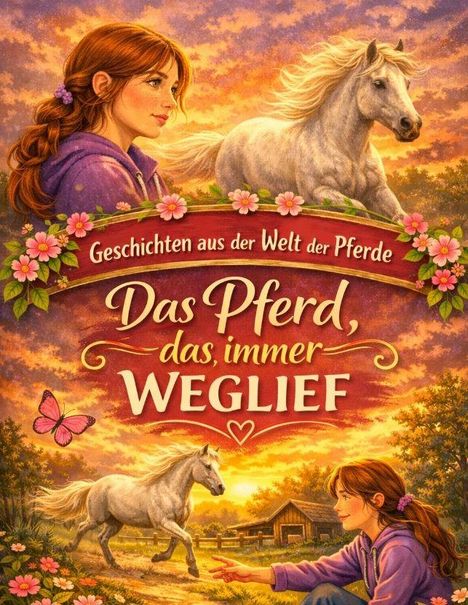 "Geschichten aus der Welt der Pferde: Das Pferd, das immer weglief." Illustration mit Mädchen, Pferd, Blumen und Schmetterling.
