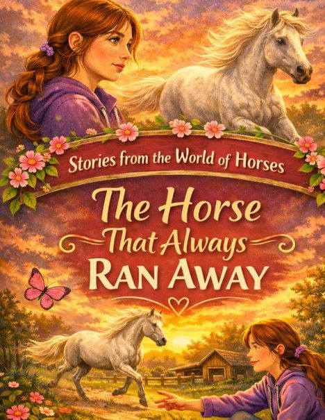 „Stories from the World of Horses: The Horse That Always Ran Away“. Illustration: Mädchen und Pferd, ländliche Szene.
