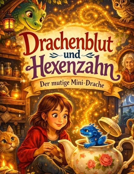"Drachenblut und Hexenzahn: Der mutige Mini-Drache" mit Mädchen, kleinem blauen Drachen, Katze und Zauberatmosphäre.