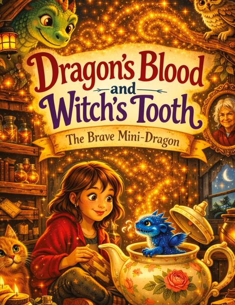 „Dragon’s Blood and Witch’s Tooth“ und „The Brave Mini-Dragon“ in bunter Schrift. Mädchen schaut in Teekanne mit Mini-Drache.
