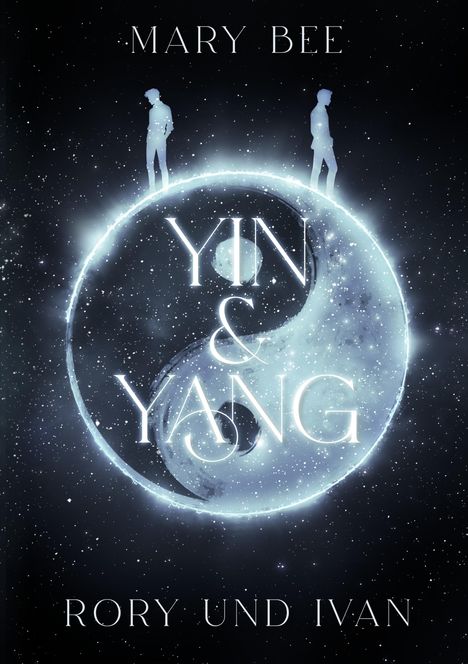 "Yin & Yang", Mary Bee, Rory und Ivan. Zwei Figuren stehen auf einem leuchtenden Yin-Yang-Symbol im Weltraumlook.