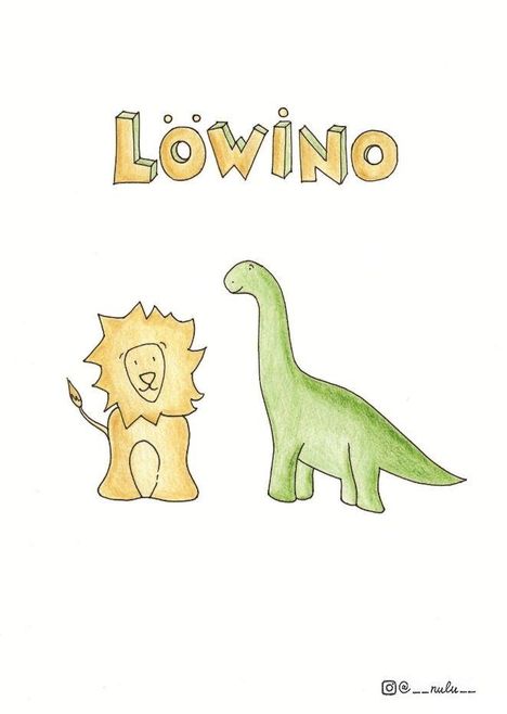 "LÖWINO" in großen Buchstaben oben. Darunter sind ein Löwe und ein grüner Dinosaurier in einfacher Illustration gezeigt.