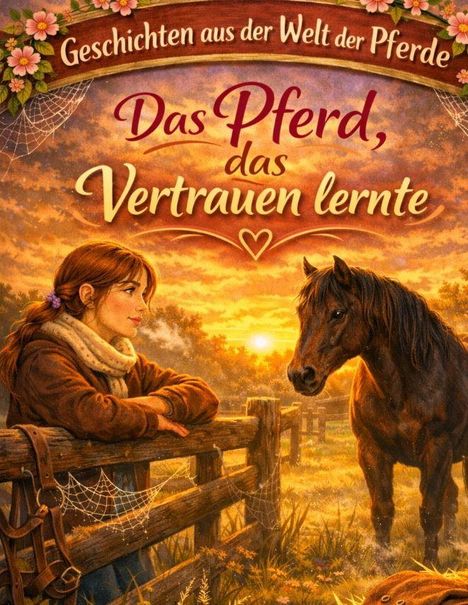 Text: "Geschichten aus der Welt der Pferde", "Das Pferd, das Vertrauen lernte". Illustration: Mädchen und Pferd bei Sonnenuntergang.